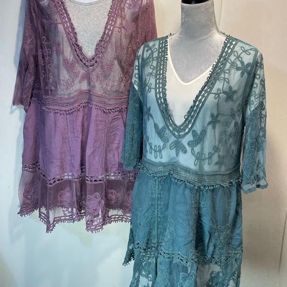 Tops - #0220 Set of 2 Lace V-Neck Tunic Dress/Swimsuit Cover Up in Purple and Teal